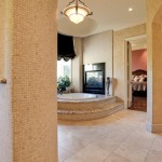 Contemporary master batroom round tub fireplace