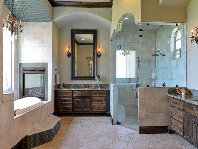 master bathroom fireplace shower chandelier